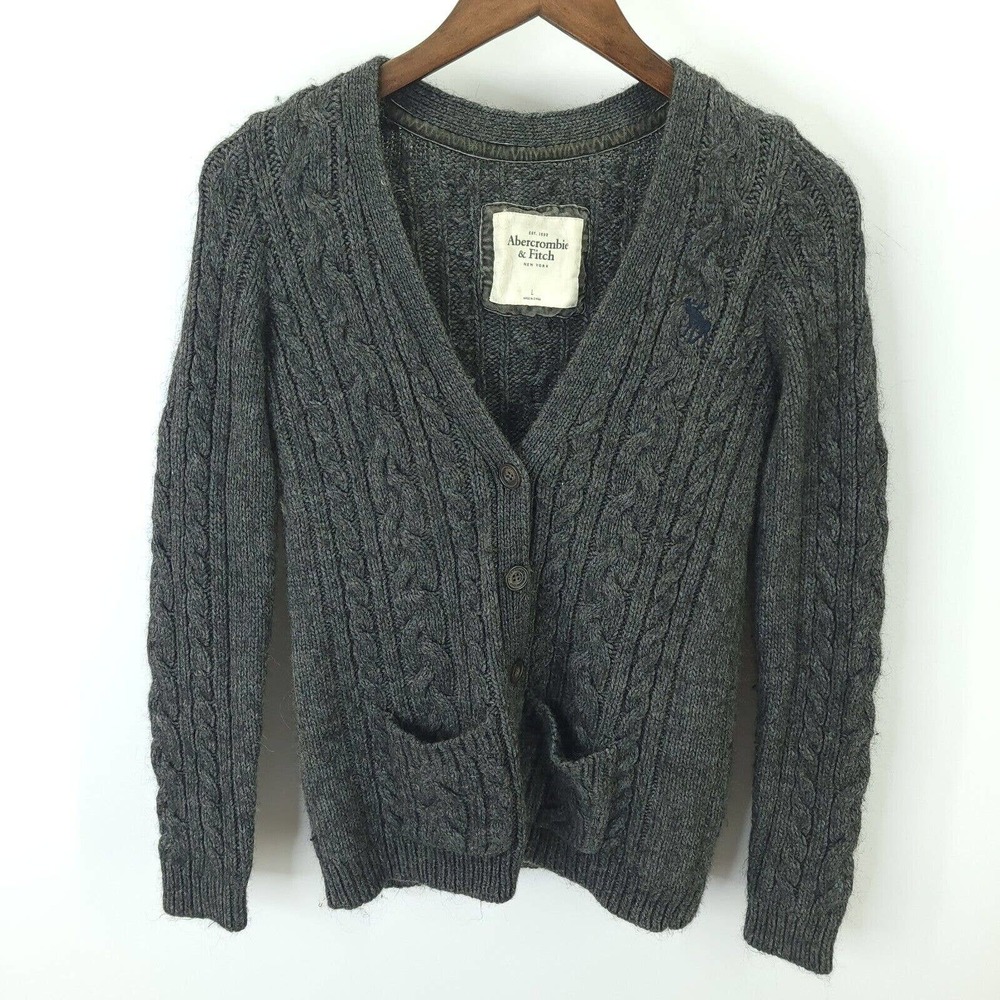 Abercrombie & Fitch Gray Wool Cable Knit V Neck Button Cardigan Sweater Size L
